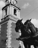 DETALLE DE LA TORRE DE LA IGLESIA DE SAN FRANCISCO, EN PRIMER PLANO DOS CABALLOS DE TIRO